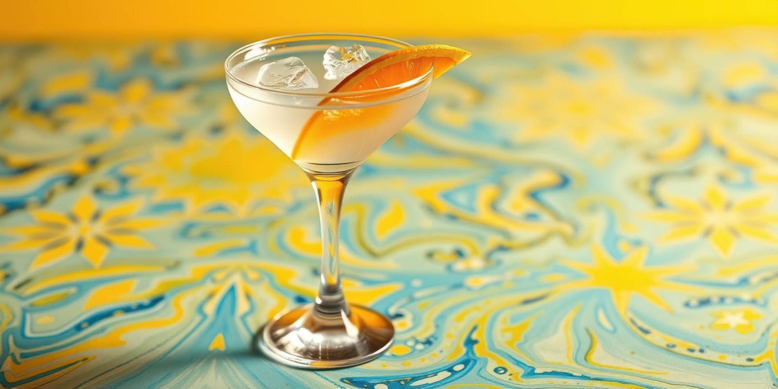 Refreshing cocktail served in a elegant glass against a vibrant yellow and blue background